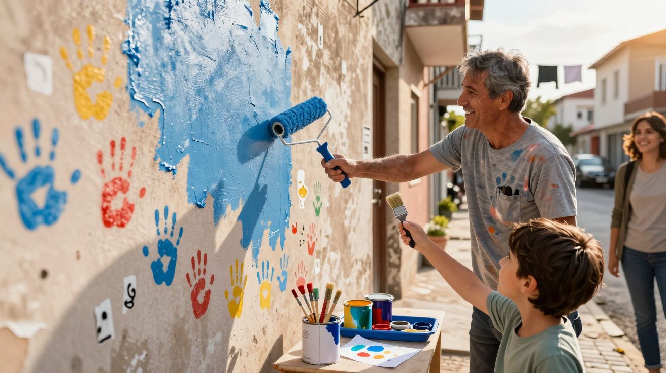 Homem e criança pintam mural com tinta azul e mãos coloridas, enquanto uma mulher observa na rua.