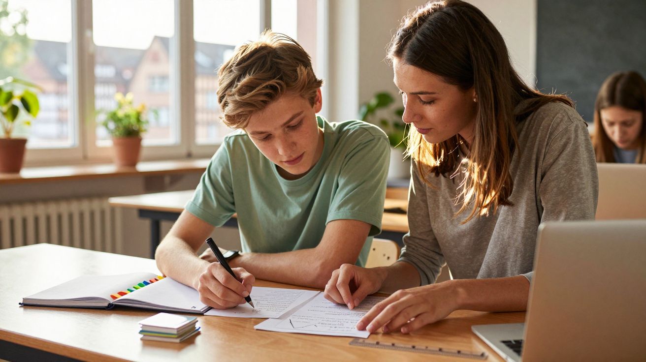 Estudante e professora trabalham juntos numa mesa da sala de aula, analisando papeis sob a luz natural da janela.