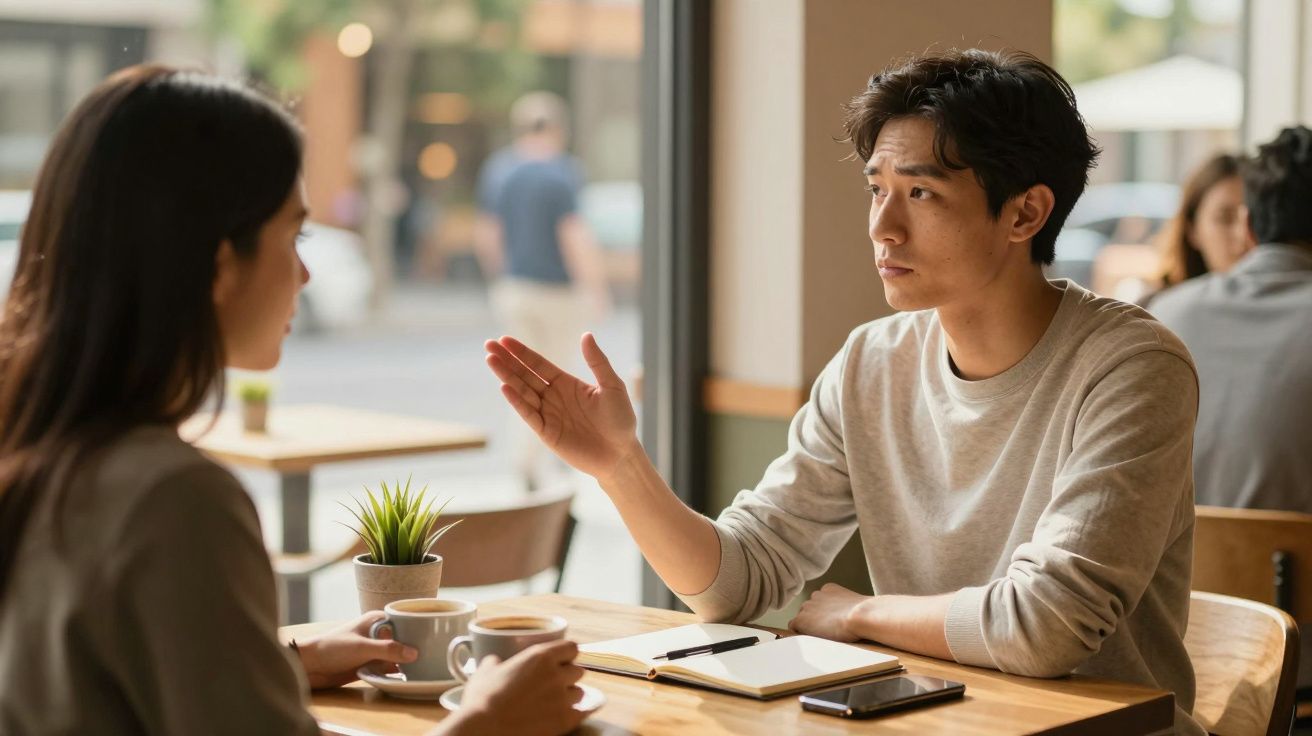 Homem e mulher a conversar num café, com chávenas de café e bloco de notas sobre a mesa.