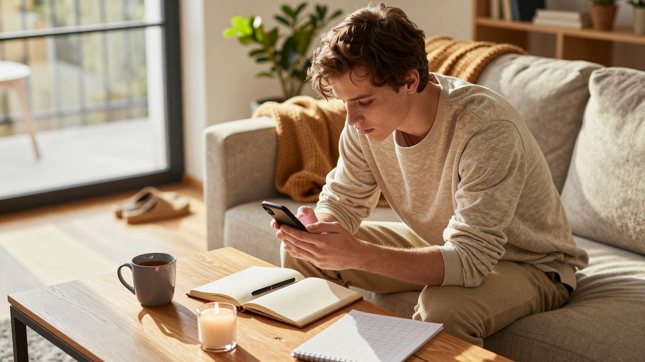 Jovem sentado no sofá, concentrado no telemóvel, ao lado de chávena, vela e caderno numa sala iluminada.