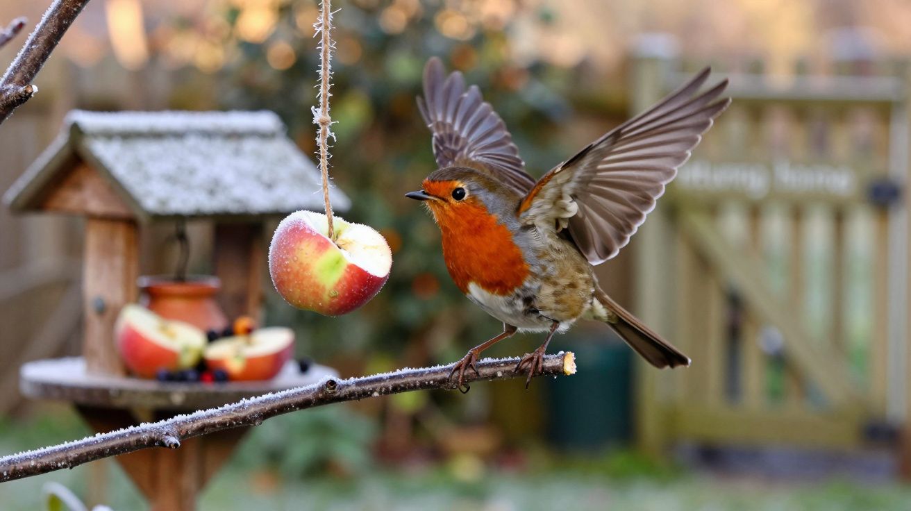 Pisco-de-peito-ruivo voa em direção a maçã pendurada, num jardim com comedouro de pássaros ao fundo.