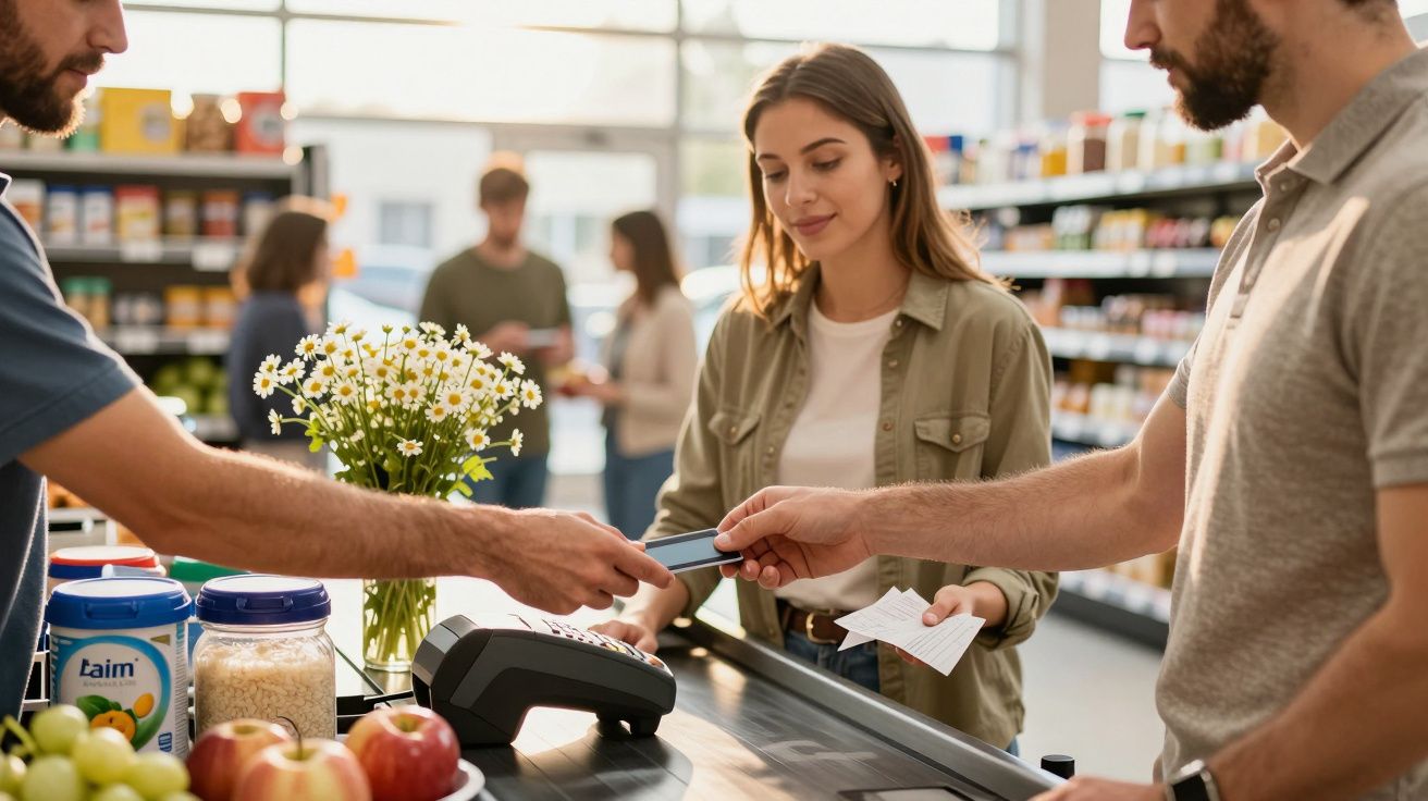 Cliente paga com cartão num supermercado, enquanto dois outros clientes esperam. Flores e compras sobre balcão.