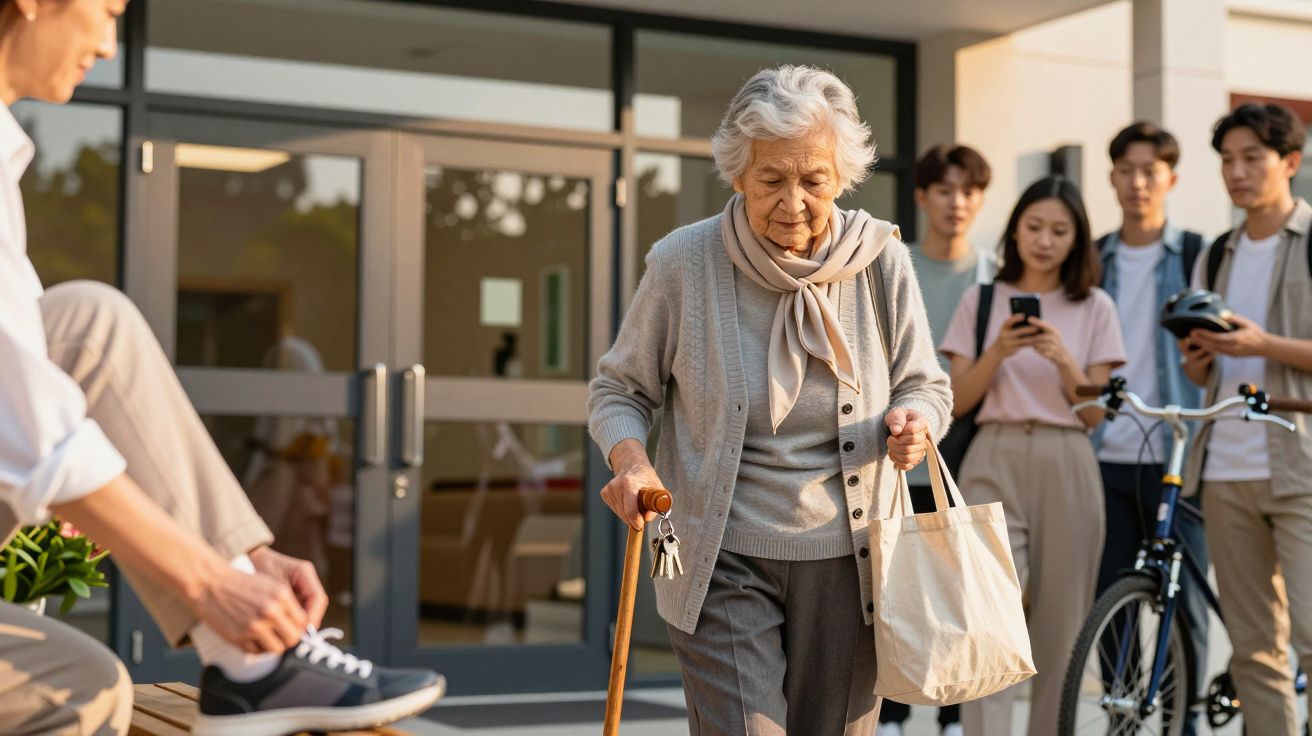 Idosa com bengala e saco, passando por grupo de jovens em frente a edifício. Jovem amarra sapato à esquerda.