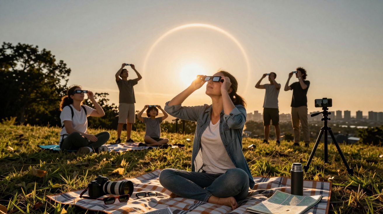 Grupo a observar eclipse solar num campo com óculos especiais e câmaras; o sol está parcialmente coberto.