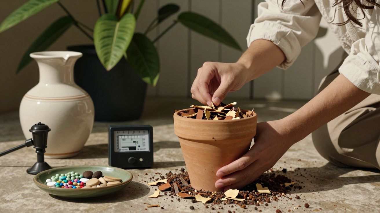 Pessoa a colocar pedaços de barro num vaso de cerâmica. Ao lado, pratos com pedras e um medidor de umidade.