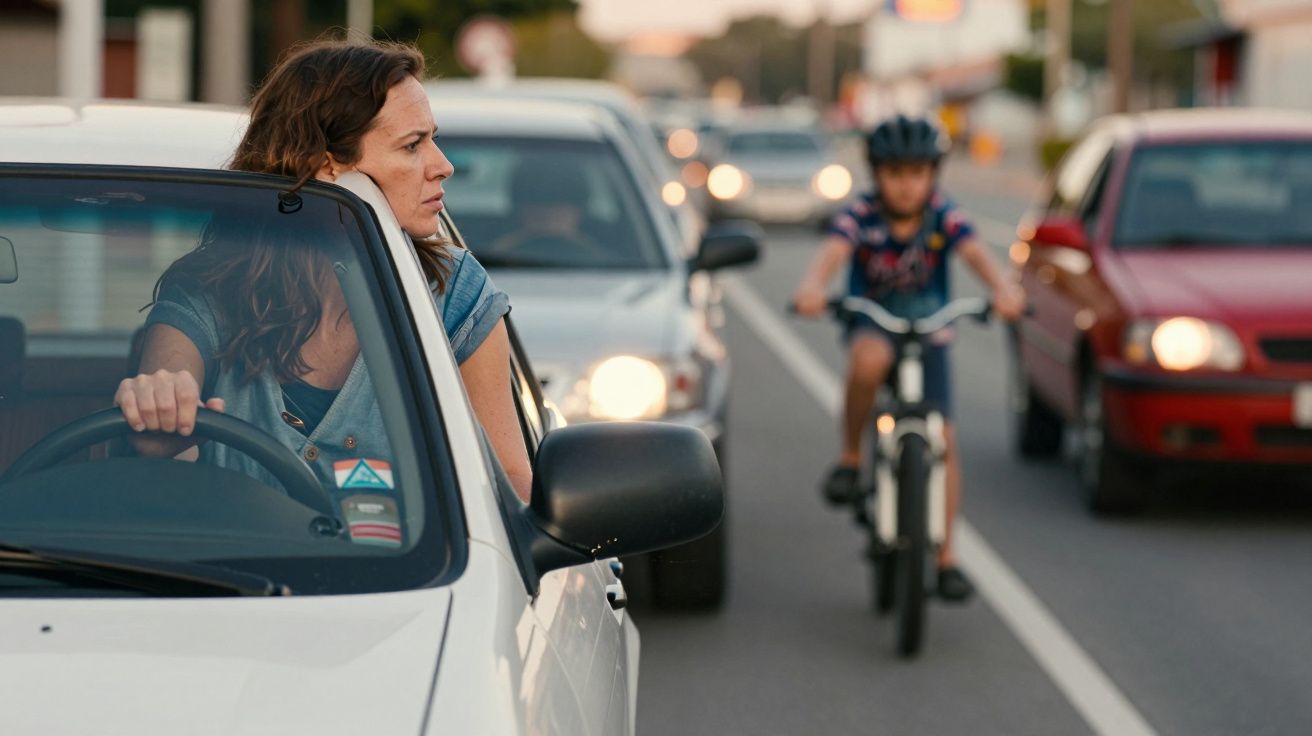 Mulher preocupada ao volante de um carro parado no trânsito. Criança de capacete anda de bicicleta na faixa ao lado.