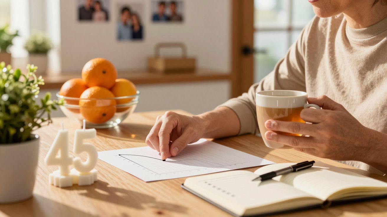 Pessoa escreve num gráfico numa mesa com laranjas, chávena, caderno e decoração "45", fotos ao fundo.