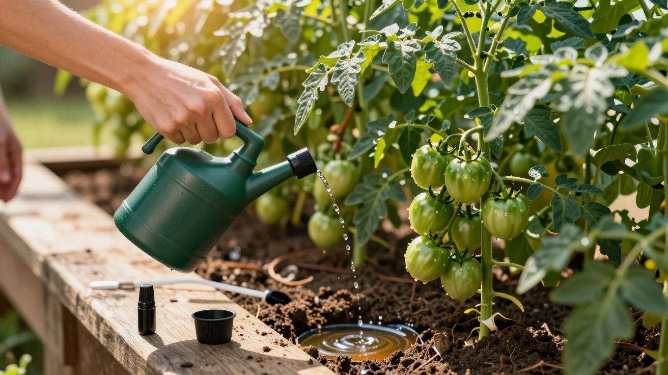 Mão a regar plantas de tomate verde num jardim com um regador verde, sob a luz solar.