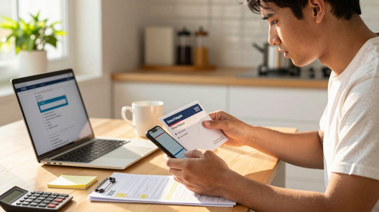 Homem analisa documentos e consulta informações no telemóvel, com um portátil, calculadora e chávena na mesa.