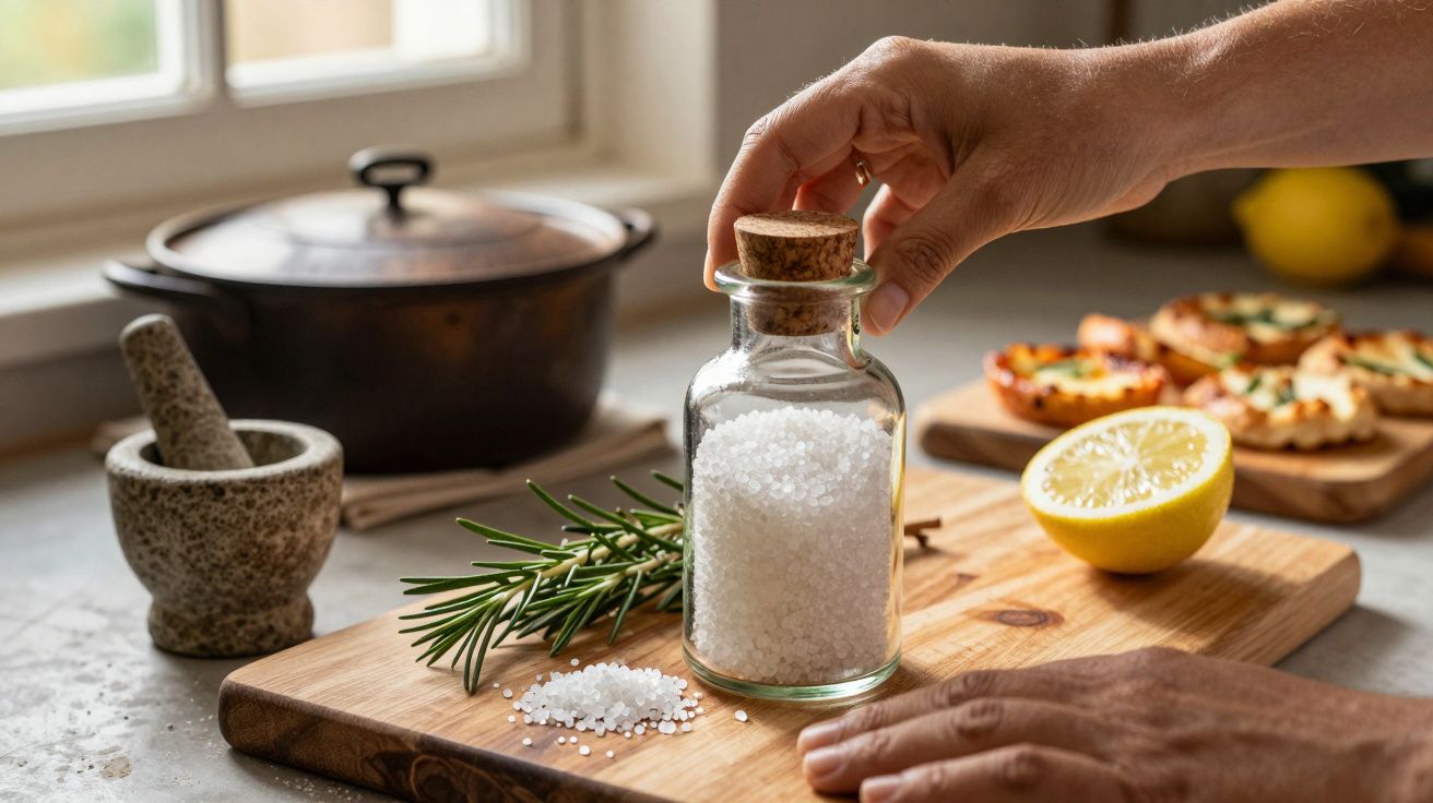 Mão segurando frasco de sal grosso sobre tábua de madeira com ramo de alecrim e meio limão.