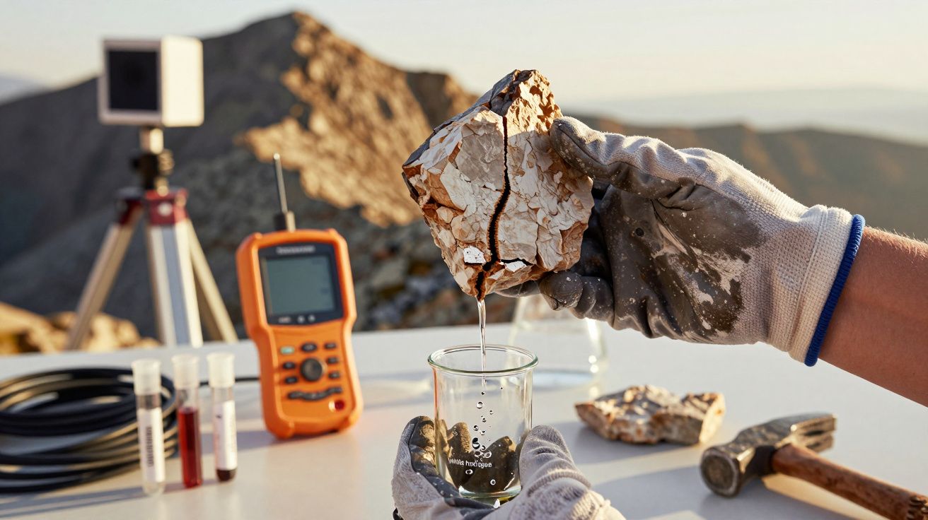 Mão com luva segura rocha sobre copo, com equipamento de análise ao fundo, em cenário de montanhas.
