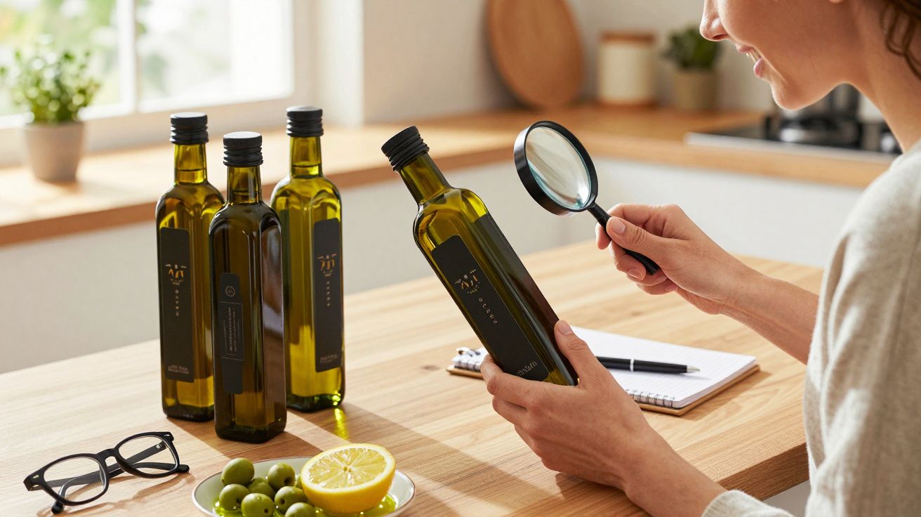 Mulher numa cozinha, analisando um rótulo de azeite com uma lupa. Óculos, bloco de notas e azeitonas ao lado.