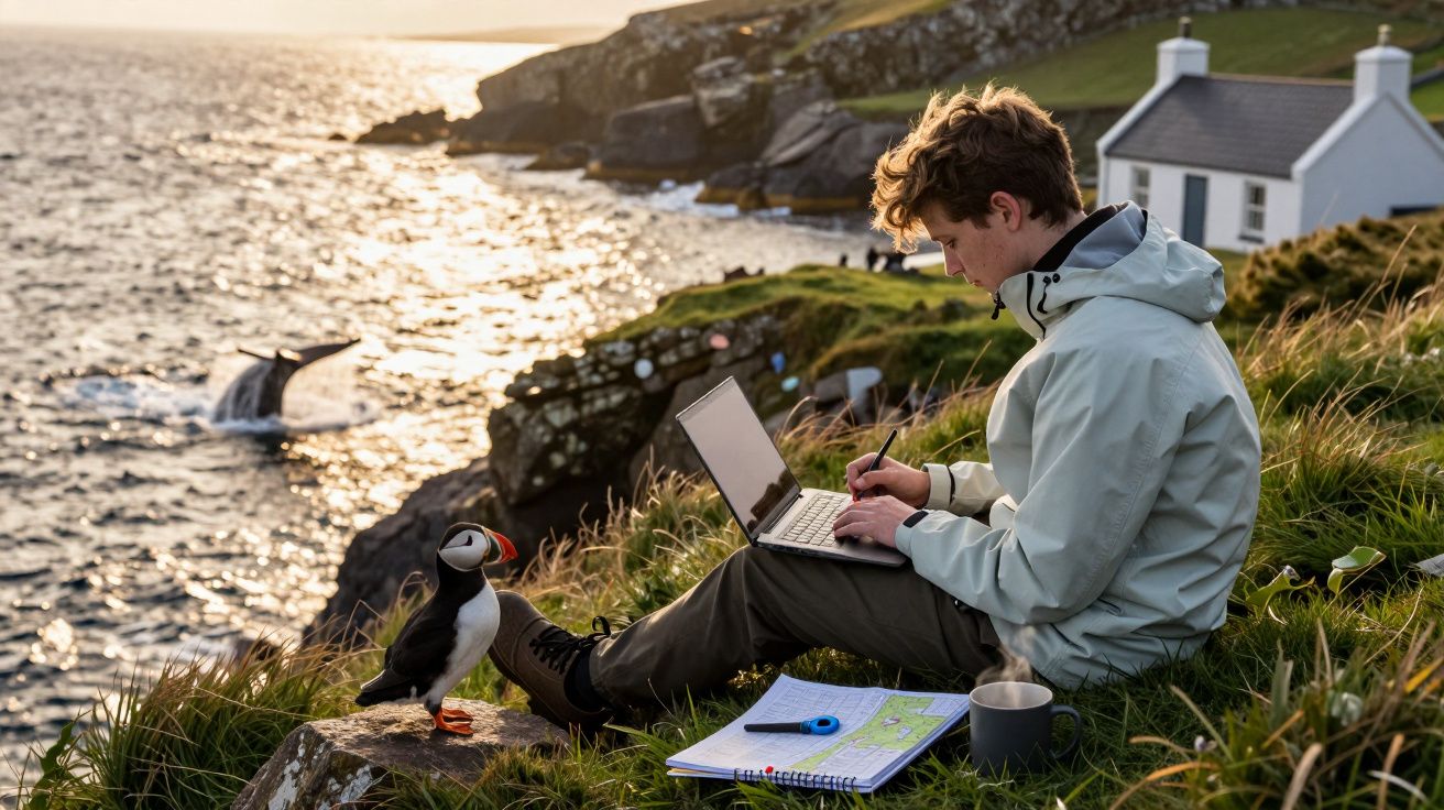 Homem com portátil junto a um papagaio-do-mar em penhasco costeiro, com casa e mar ao fundo.