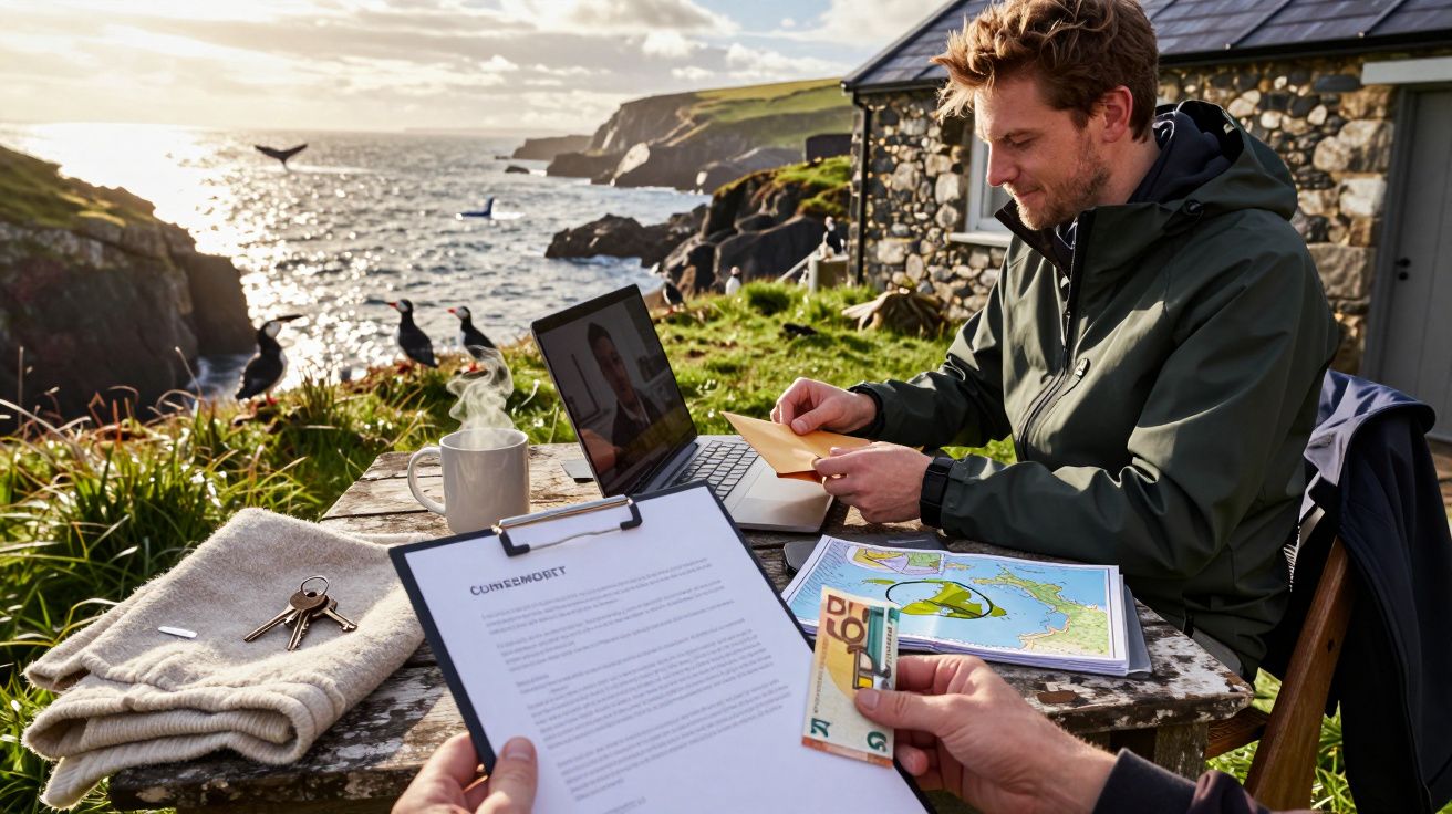 Homem sentado ao ar livre junto ao mar, a trabalhar no laptop, com papéis e notas sobre a mesa.
