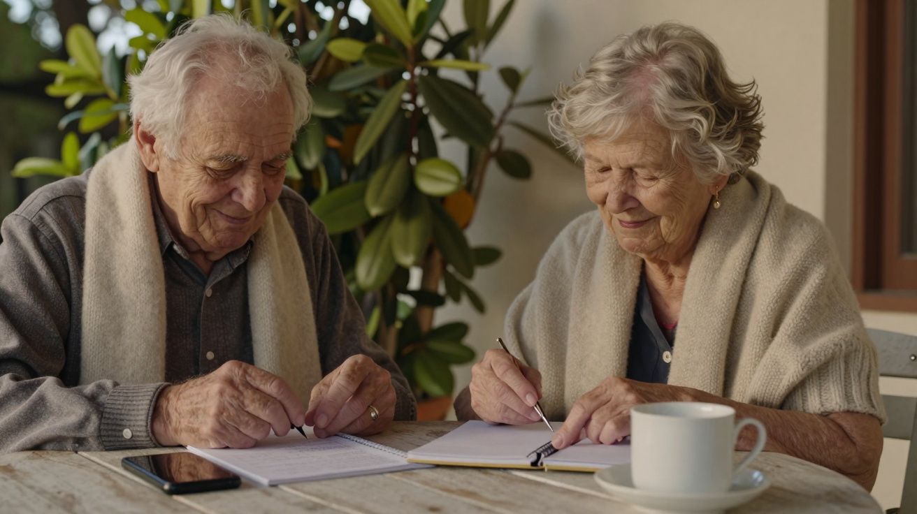 Casal idoso sentado à mesa escrevendo em cadernos, rodeado por plantas, com chávenas de café e um telemóvel.