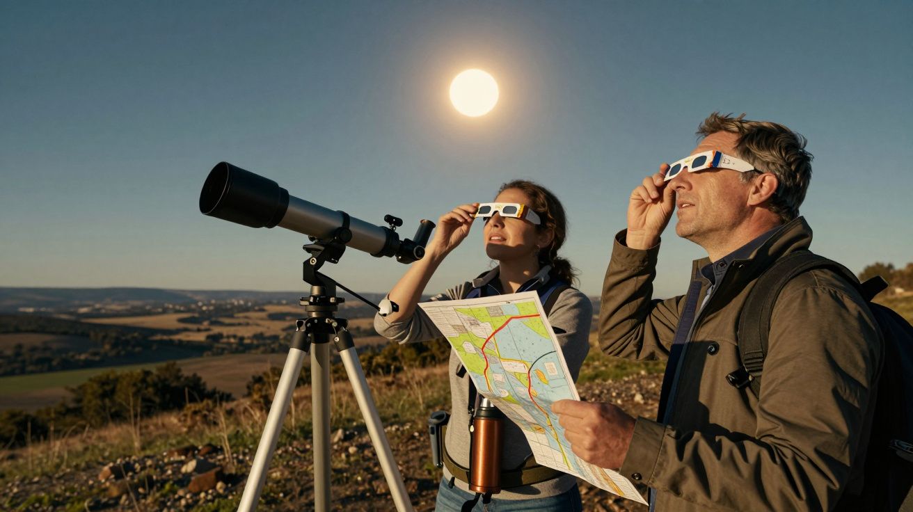 Casal observa o céu com óculos escuros e telescópio, segurando um mapa, campo aberto ao pôr do sol.