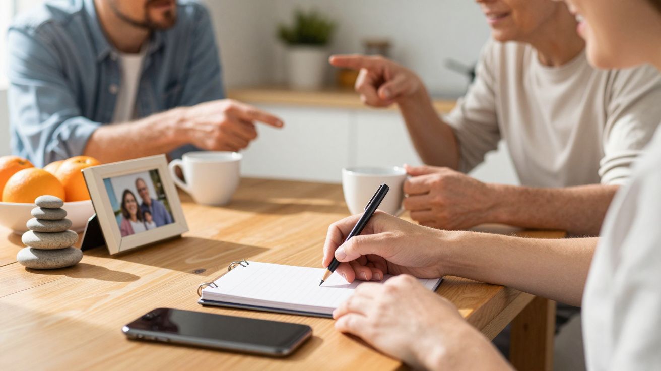 Três pessoas sentadas à mesa, conversando e fazendo anotações, com chávenas de café e um porta-retratos ao fundo.
