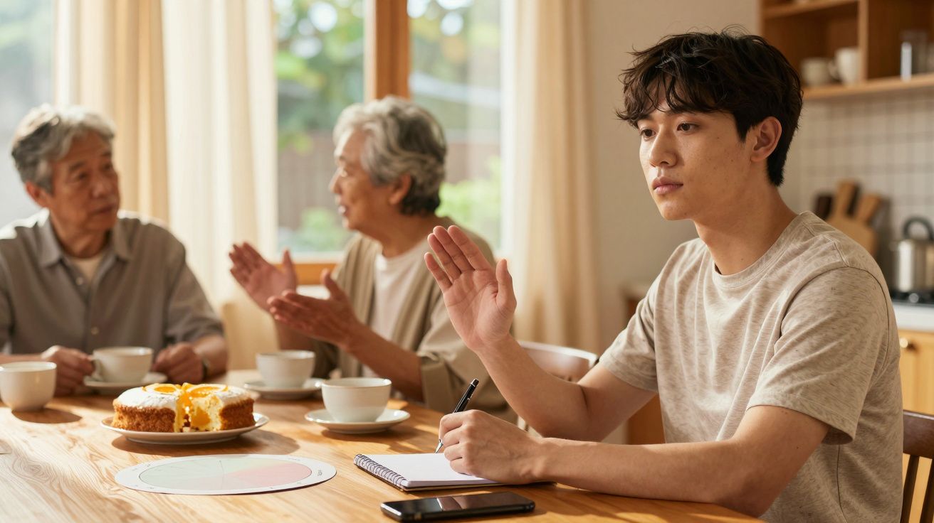 Três pessoas conversam à mesa com chá e bolo, uma delas faz anotações, num ambiente iluminado por janela ao fundo.