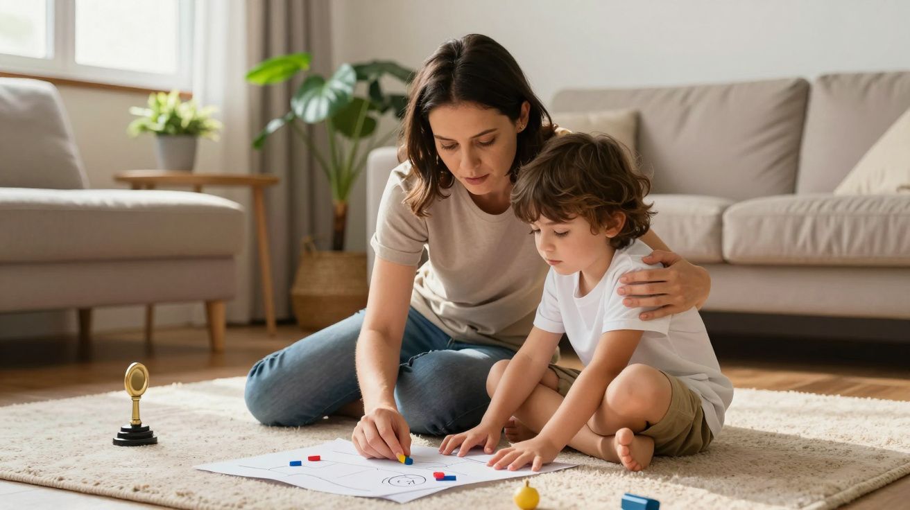 Mulher e criança a desenhar num tapete na sala, com sofá e planta ao fundo.