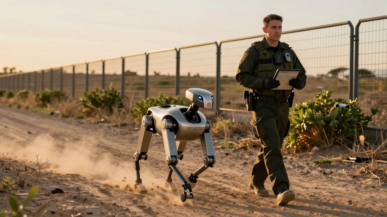Guarda em uniforme caminha ao lado de um robô de quatro patas, num caminho de terra junto a uma cerca.