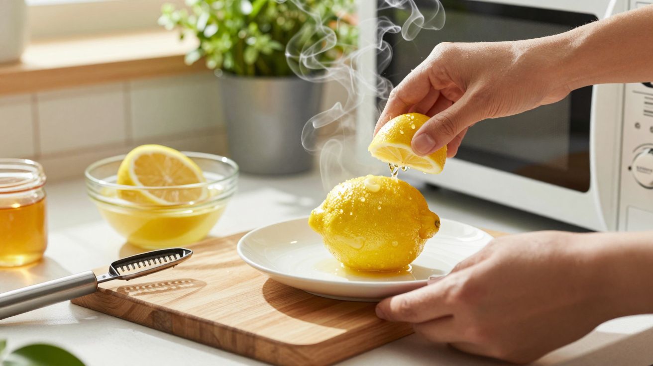 Mão espremendo limão quente em prato branco, com vapor visível na cozinha iluminada por luz natural.