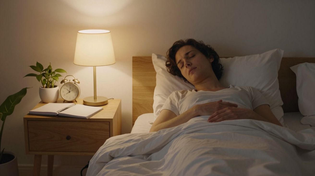 Pessoa a dormir numa cama, luz suave de candeeiro, planta e relógio num criado-mudo ao lado.