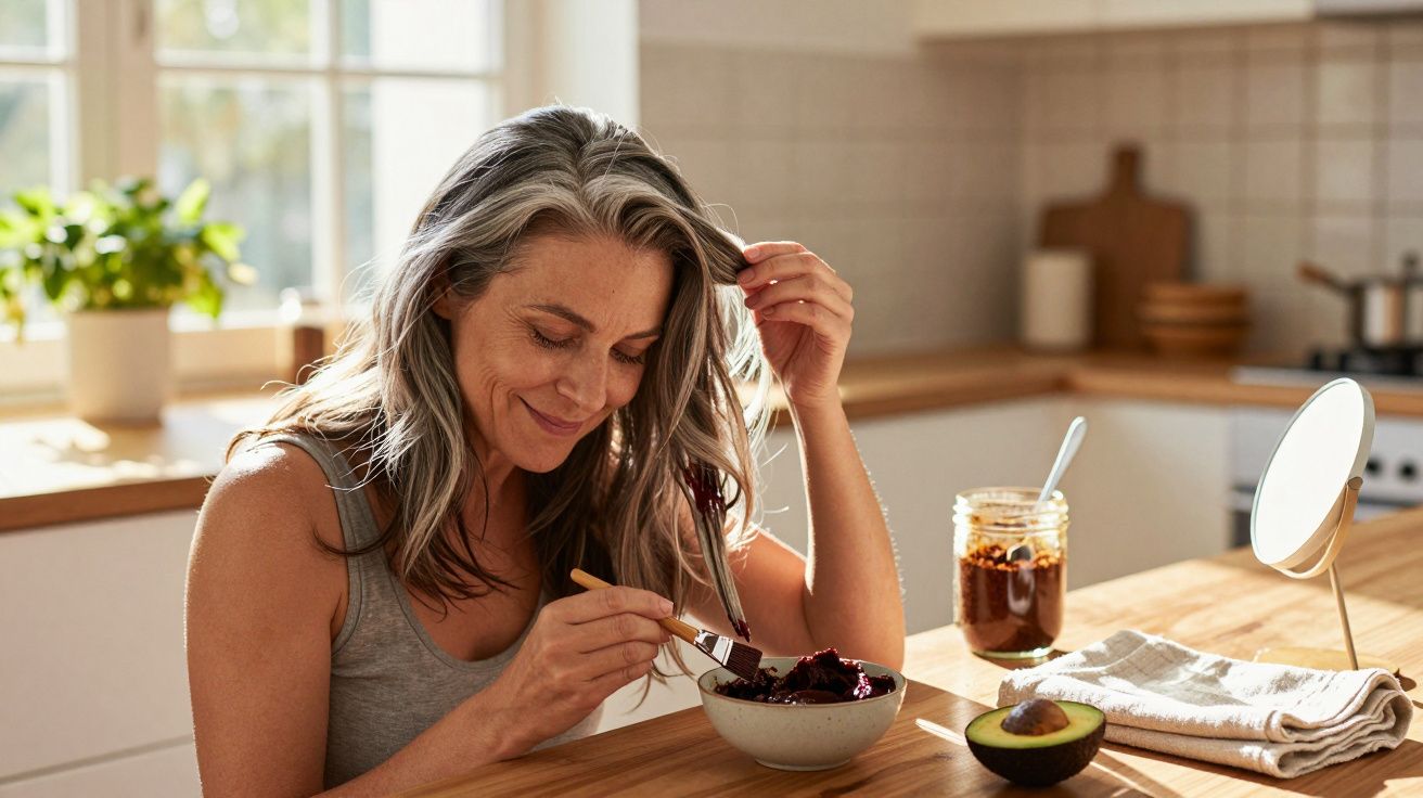 Mulher sorridente come tigela de comida na cozinha iluminada pelo sol, com abacate e frasco ao lado.