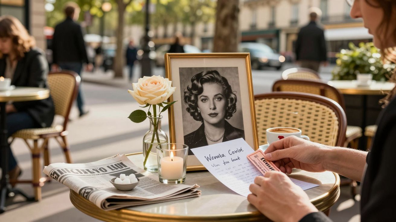 Mesa de café com fotografia, flor, jornal e carta. Pessoa segura cartão. Cenário de rua ao fundo.