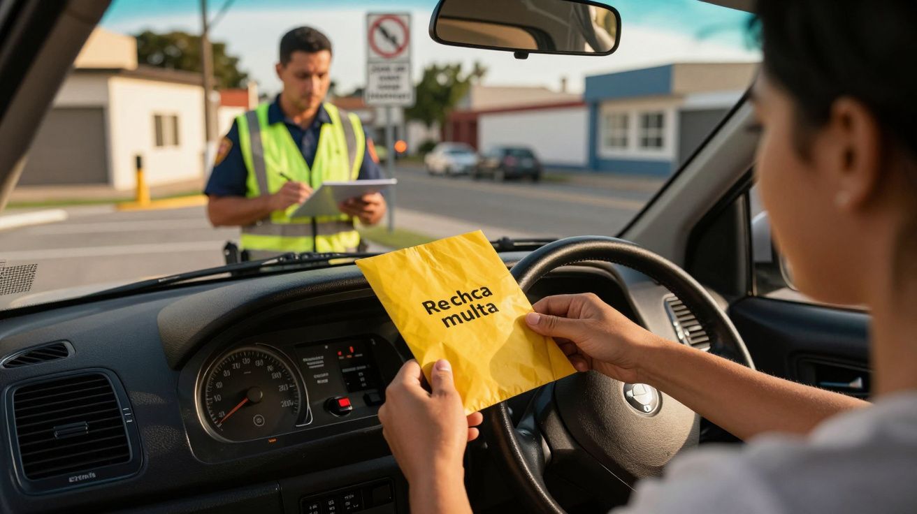 Pessoa no carro segura envelope de multa enquanto um agente de trânsito escreve do lado de fora.