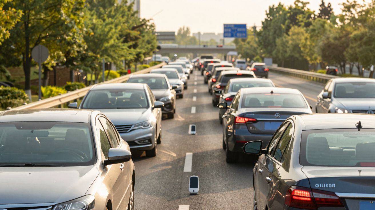Trânsito intenso em estrada com vários carros parados em duas faixas, árvores ao fundo e sinais de trânsito visíveis.