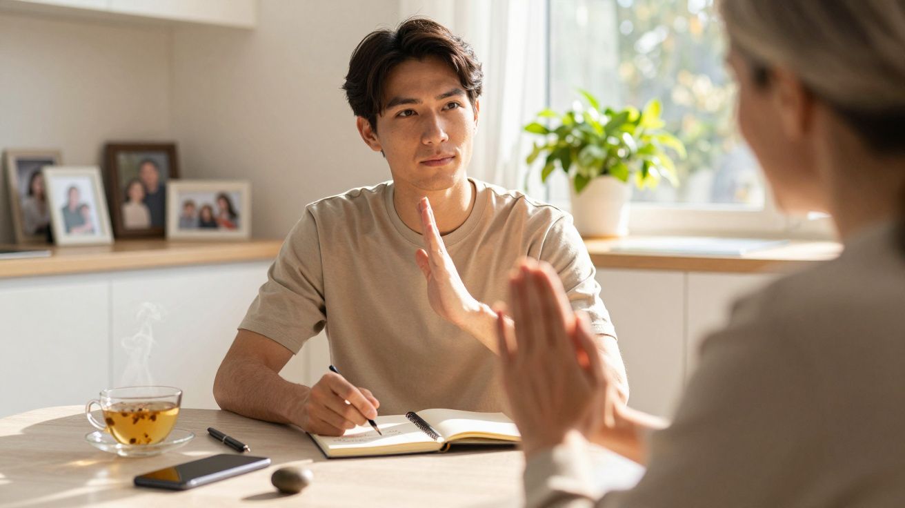 Homem sentado numa mesa a tomar notas enquanto conversa com outra pessoa numa sala iluminada.