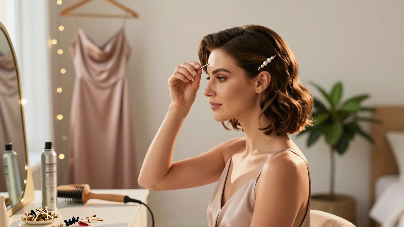 Mulher arruma cabelo com grampos, sentada à frente de um espelho, com vestido elegante no quarto iluminado.