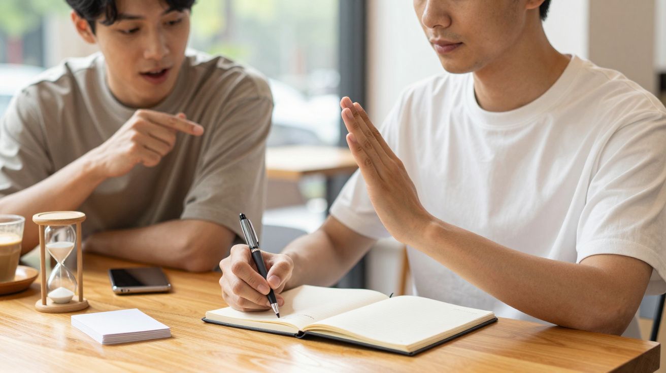 Dois homens numa mesa, um a escrever num caderno enquanto o outro aponta com interesse.