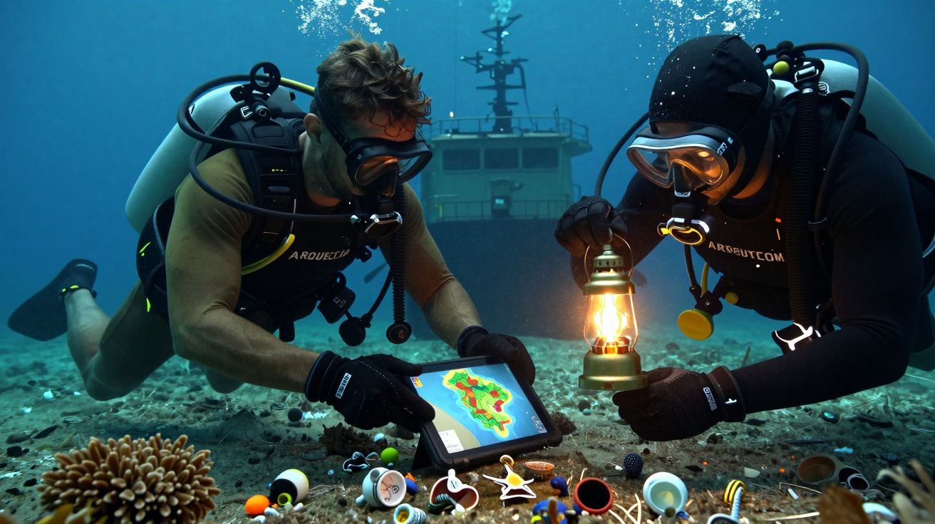 Dois mergulhadores analisam um tablet no fundo do mar, perto de um barco, com pequenas peças no leito marinho.