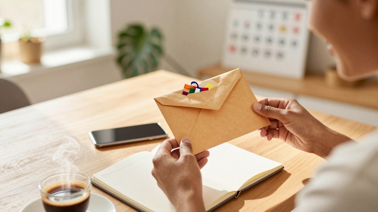 Pessoa a abrir envelope com papéis coloridos, sobre mesa com caderno, smartphone e café.