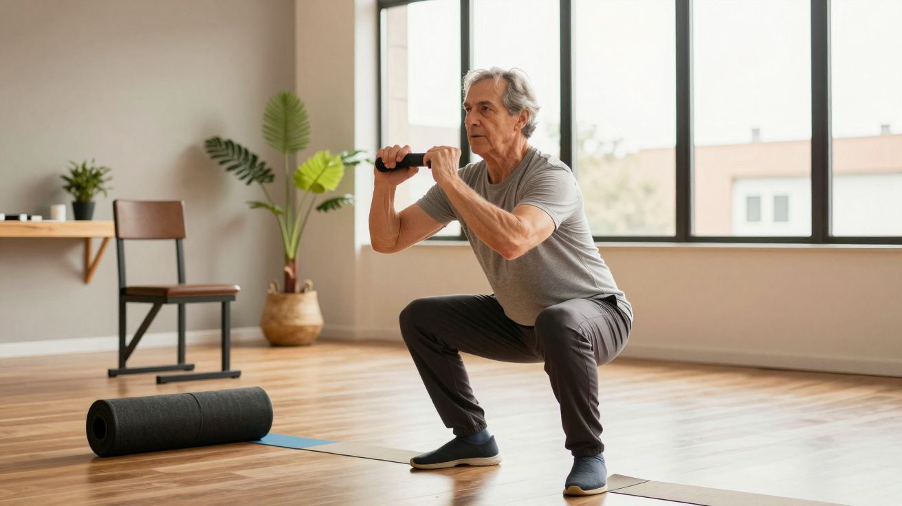 Homem idoso fazendo agachamento em casa, com tapete de ioga ao lado e plantas ao fundo.