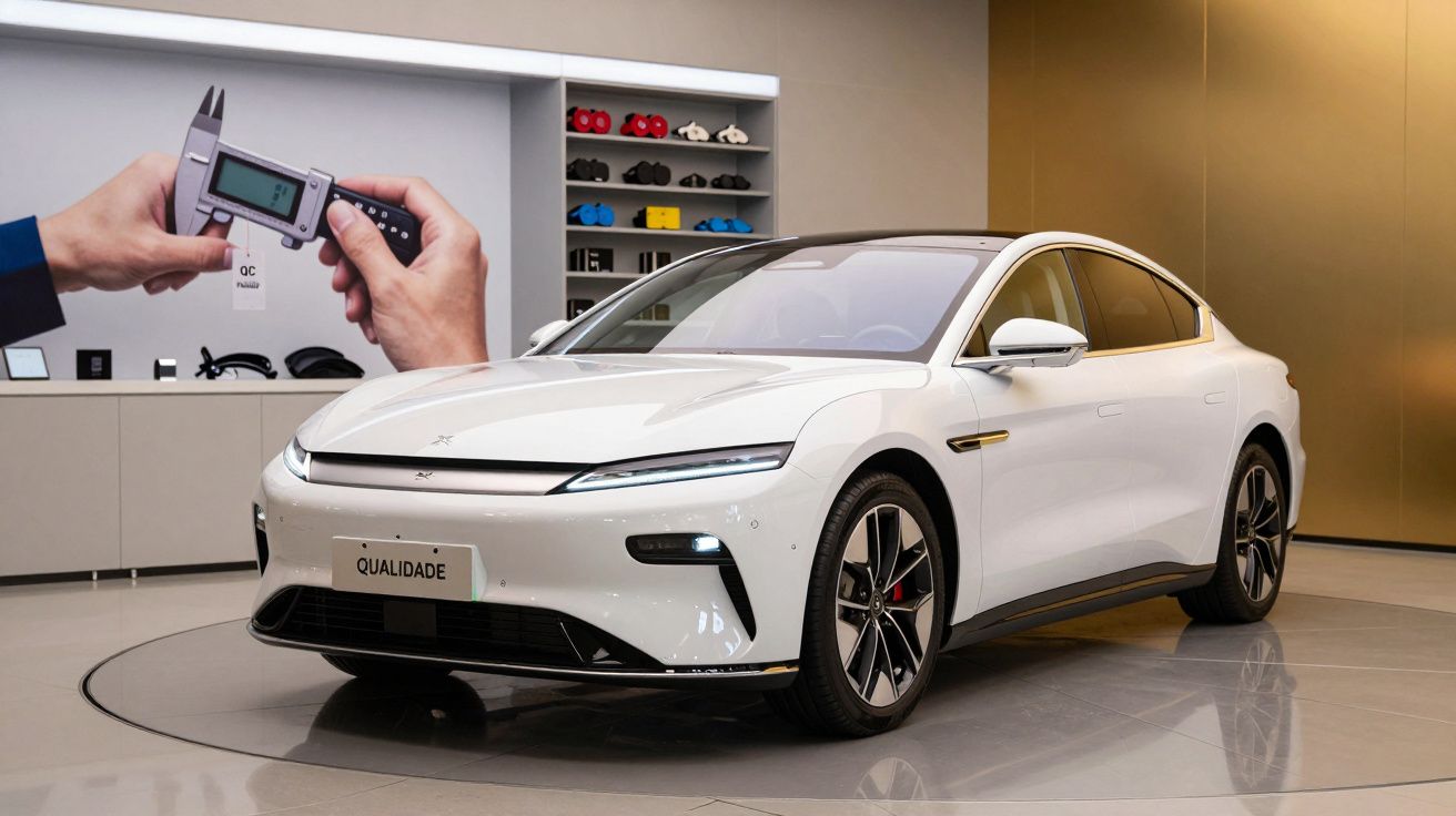 Carro branco moderno em exposição num showroom com design sofisticado e placa a dizer "QUALIDADE".