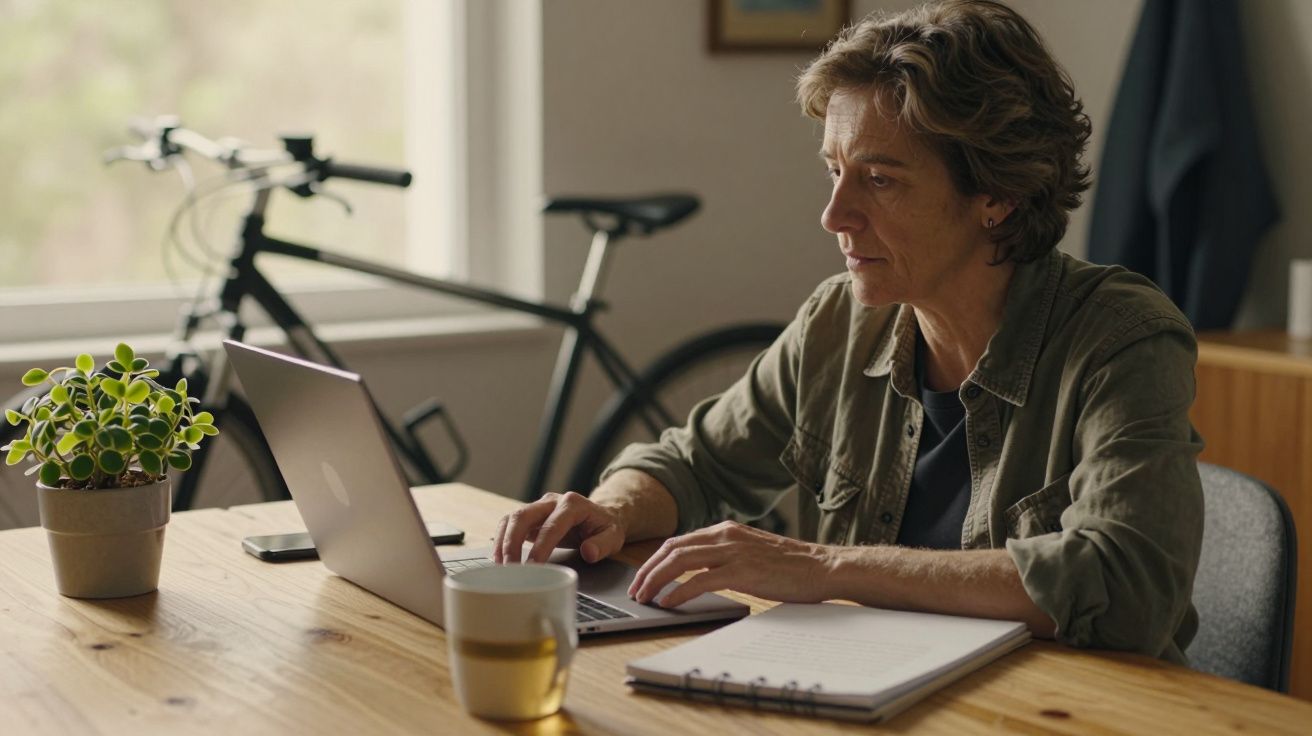 Pessoa concentrada a trabalhar num portátil numa mesa com chávena, caderno e planta, com bicicleta ao fundo.