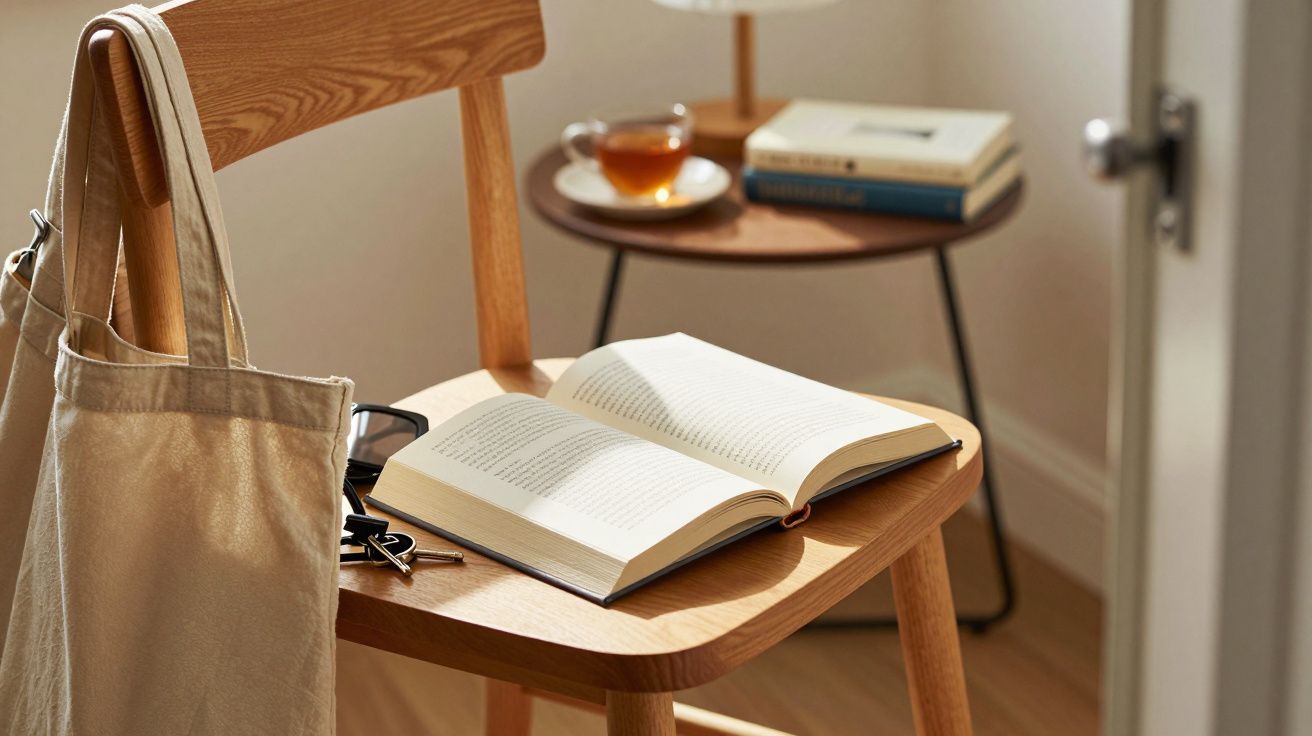 Cadeira de madeira com livro aberto, óculos e sacola; mesa ao fundo com chávenas e livros.