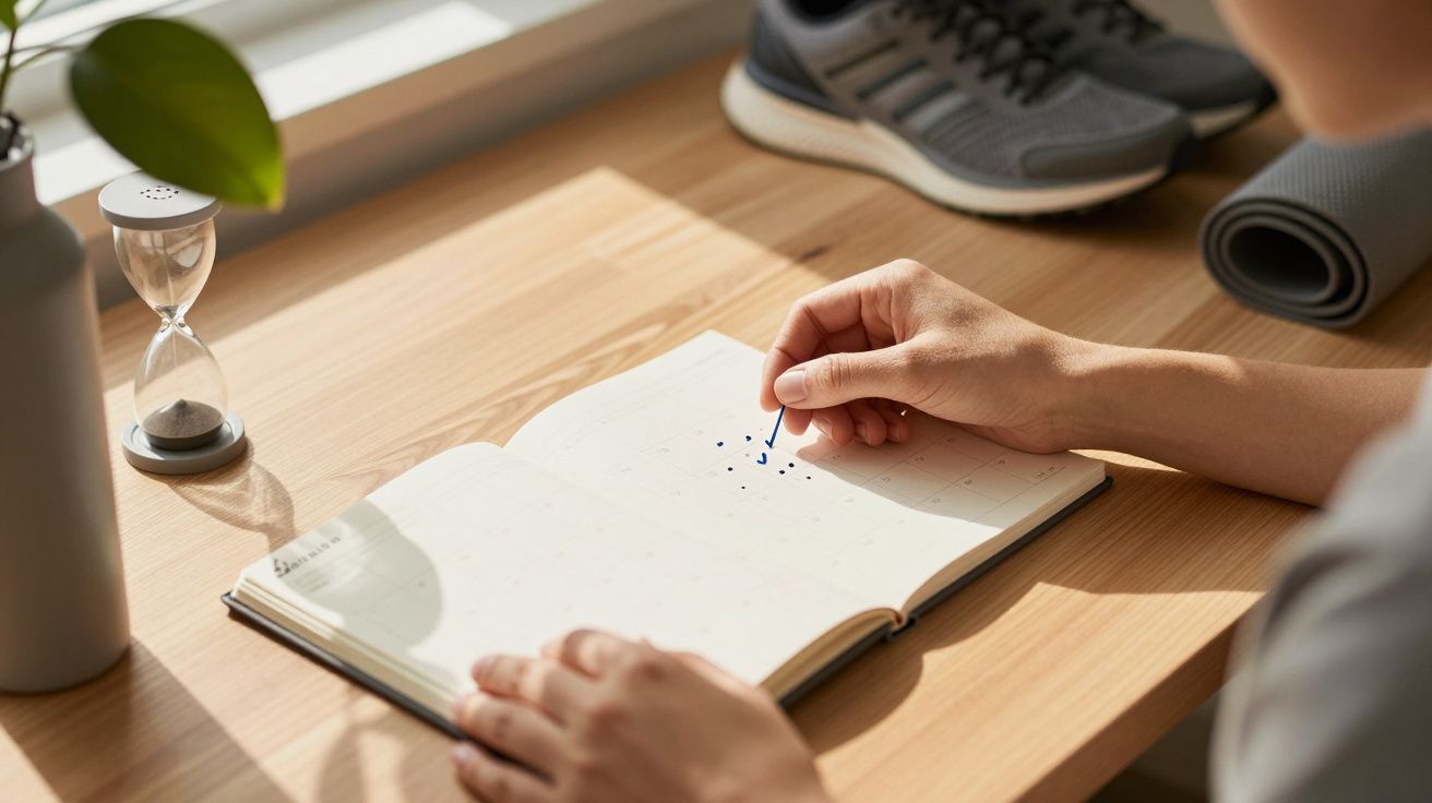Pessoa a escrever num diário em cima de uma mesa de madeira, com ampulheta, plantas e ténis ao fundo.