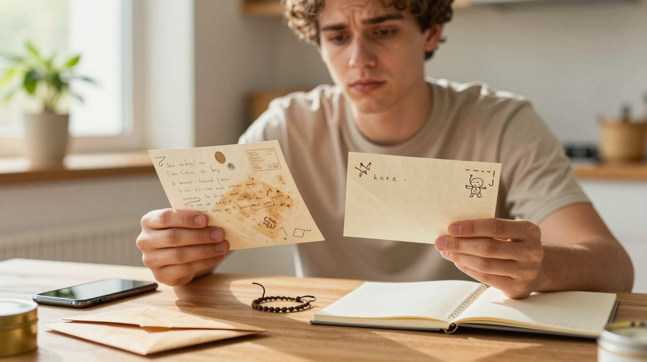 Jovem sentado à mesa, segurando duas cartas, com expressão pensativa. Há um caderno e um telemóvel ao lado.