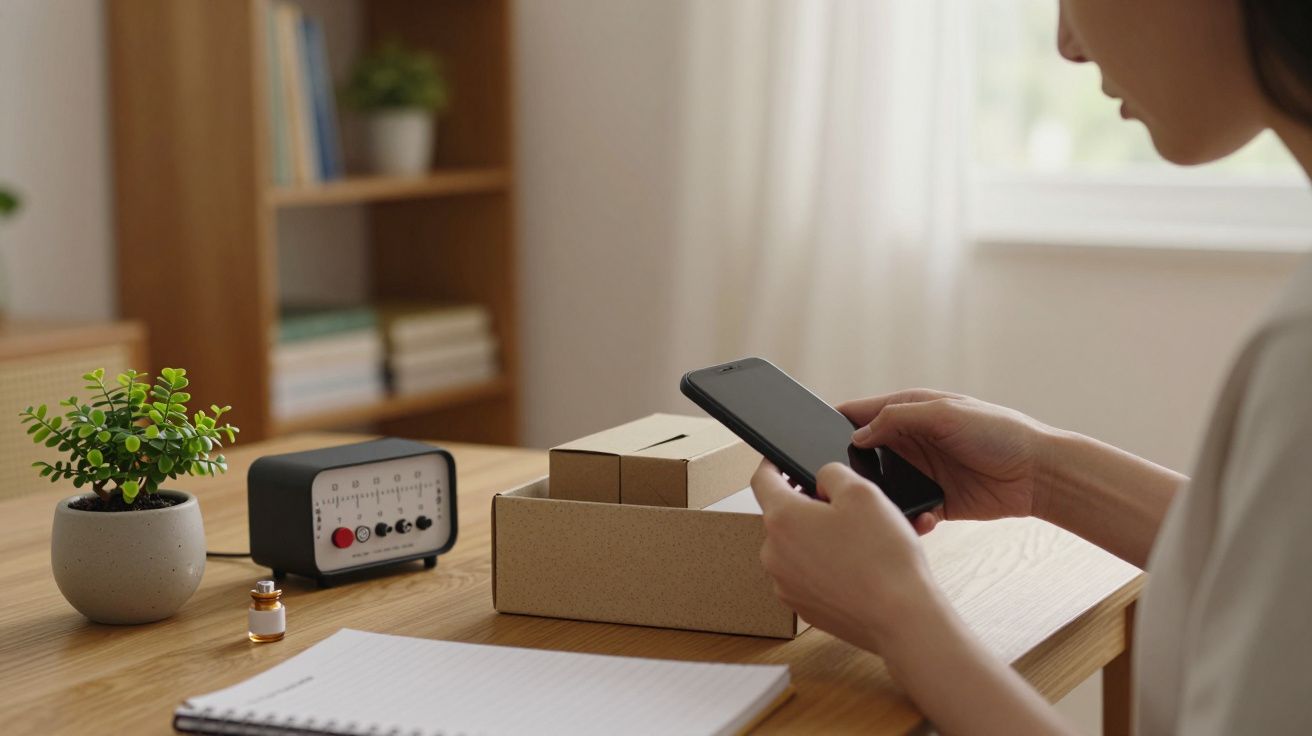 Mulher segurando telemóvel perto de caixas em cima de mesa, com bloco de notas, planta e relógio digital ao lado.
