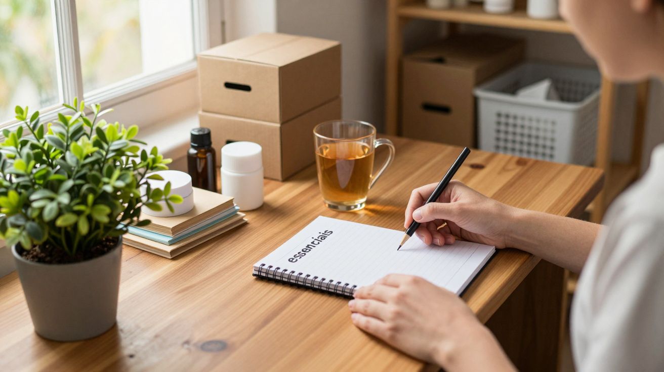 Pessoa escreve num bloco de notas em uma mesa com chá, caixas e uma planta junto a uma janela.