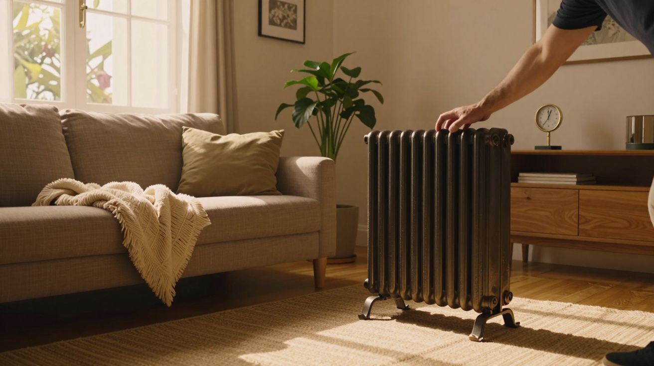 Sala de estar acolhedora com sofá, manta, almofada e aquecedor portátil ao lado de uma janela iluminada pelo sol.