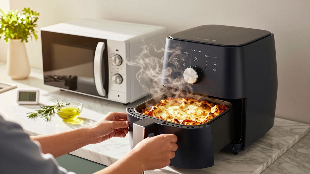 Pessoa retira lasanha fumegante de uma fritadeira a ar na cozinha ao lado de um micro-ondas.