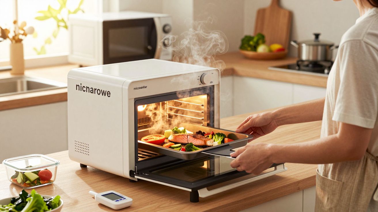 Pessoa retira bandeja com legumes e salmão assados de um forno a vapor em cozinha moderna.