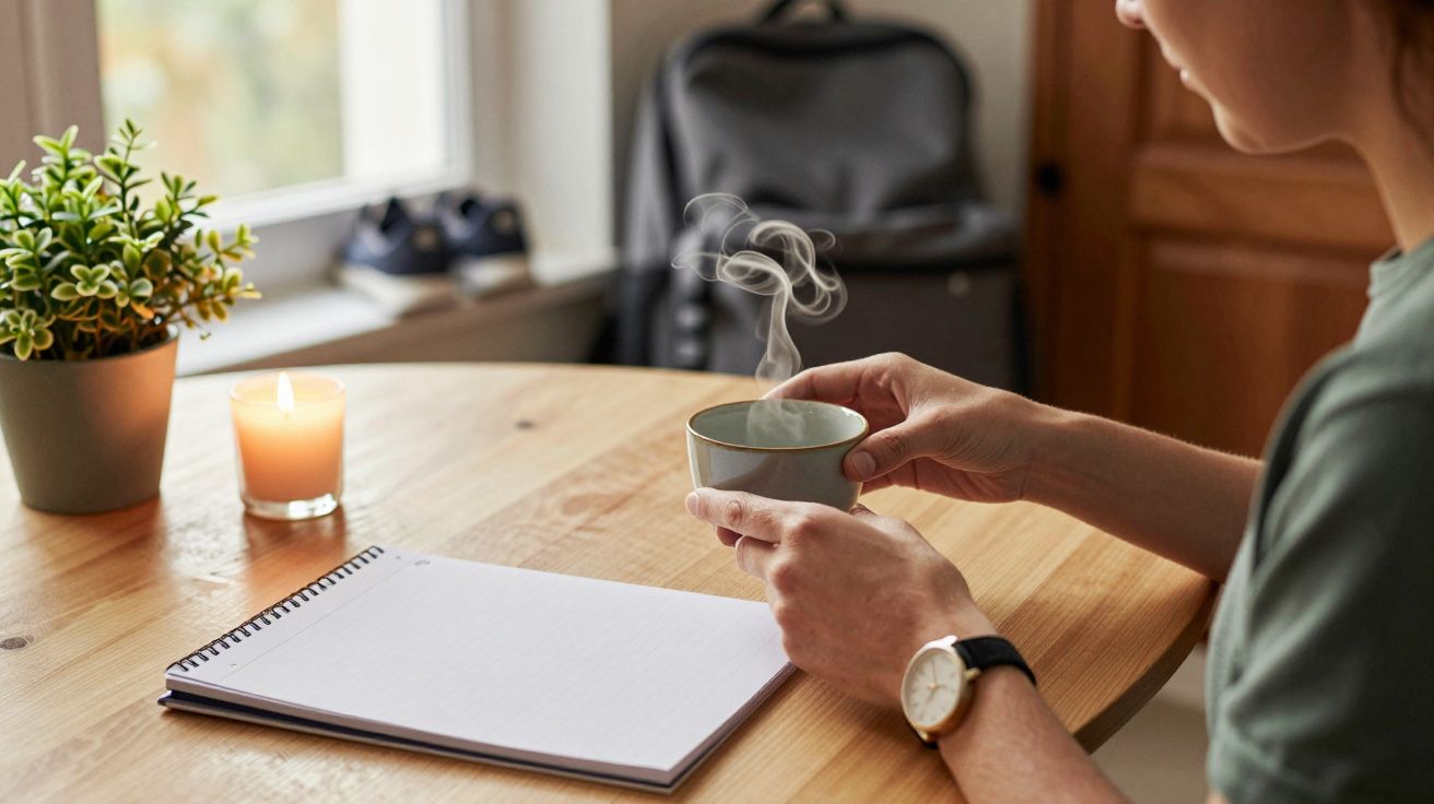 Pessoa segurando uma chávena de café fumegante numa mesa com caderno, vela acesa e planta ao lado da janela.