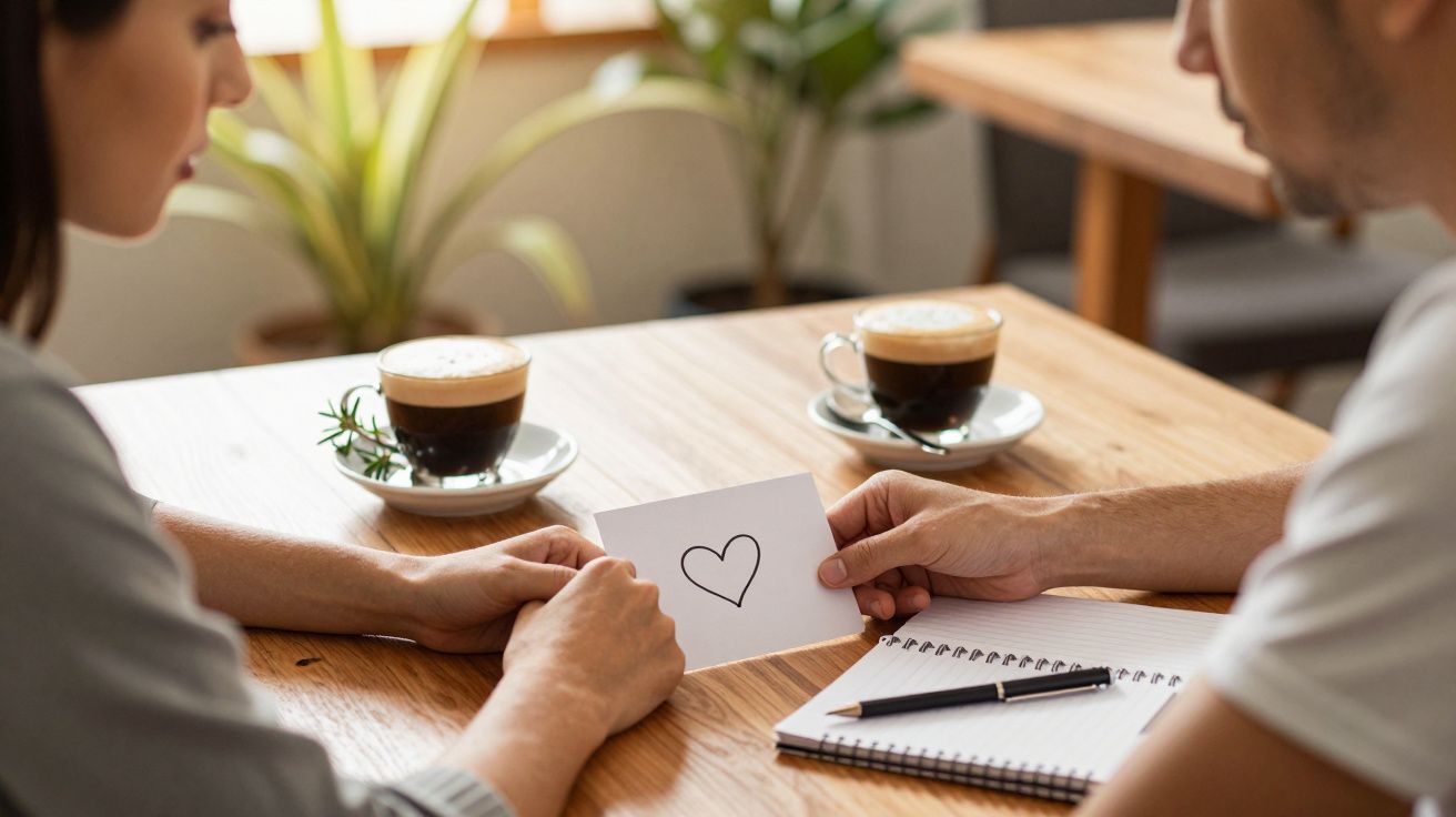 Duas pessoas seguram um cartão com um coração desenhado, enquanto tomam café numa mesa de madeira.