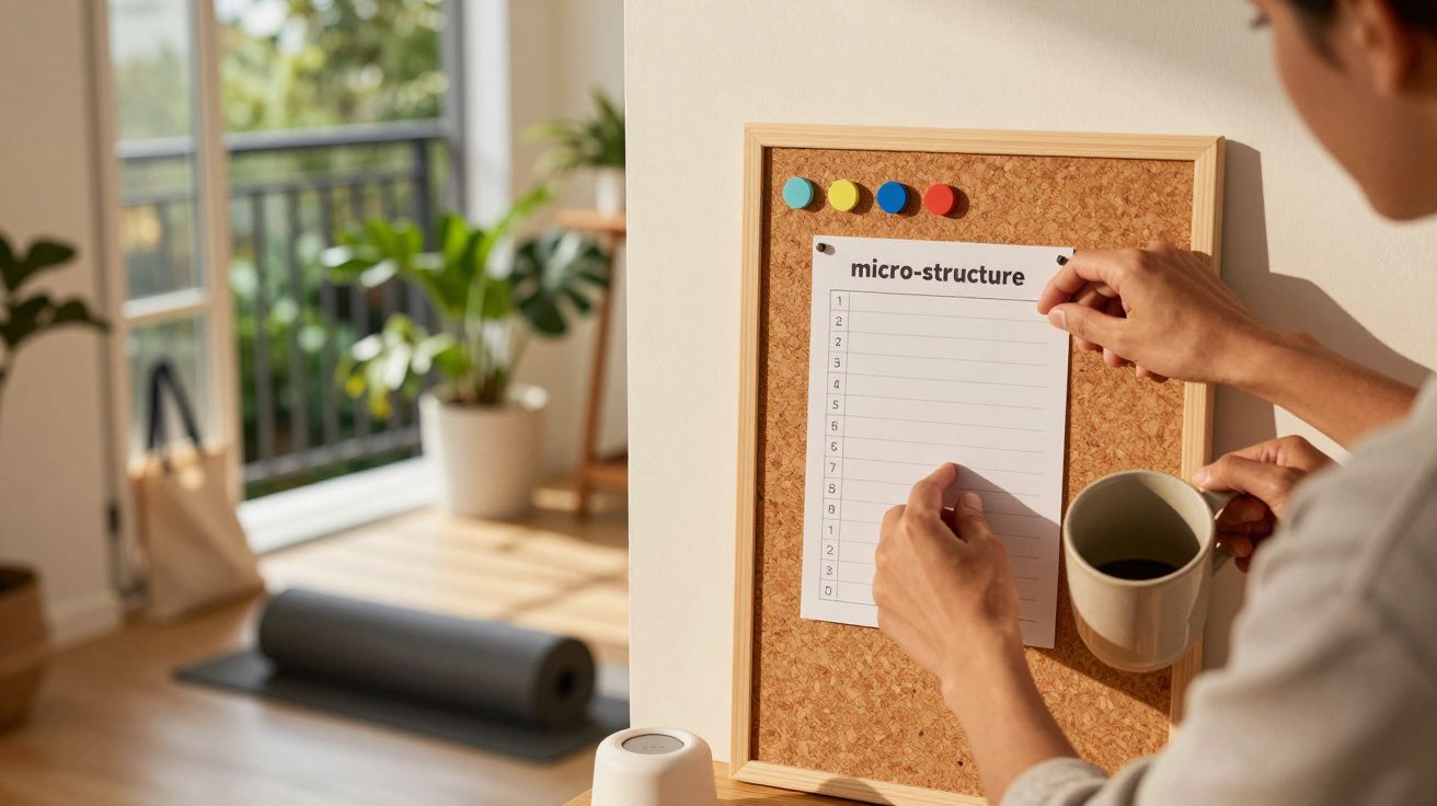 Pessoa fixa nota num quadro de cortiça com ímanes coloridos, segurando uma caneca numa sala iluminada com plantas.