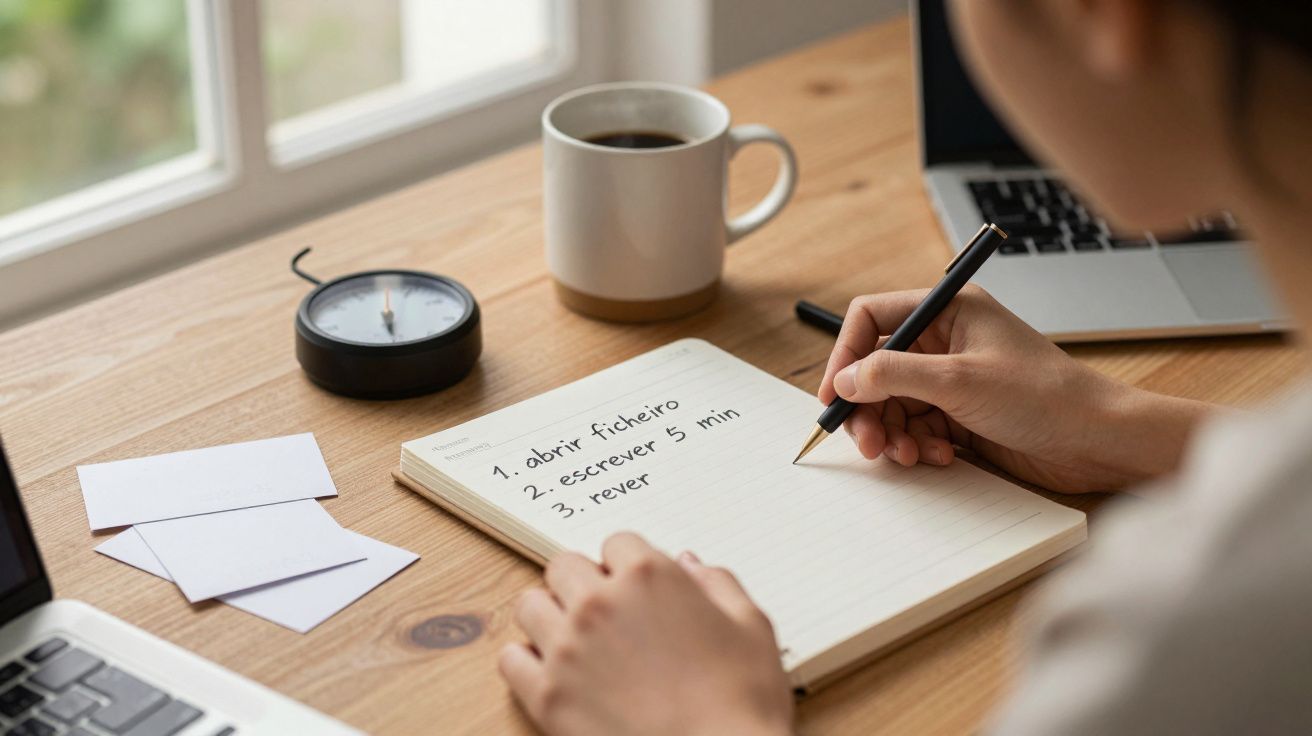 Pessoa escreve lista de tarefas em caderno, com laptop, café e relógio na mesa.